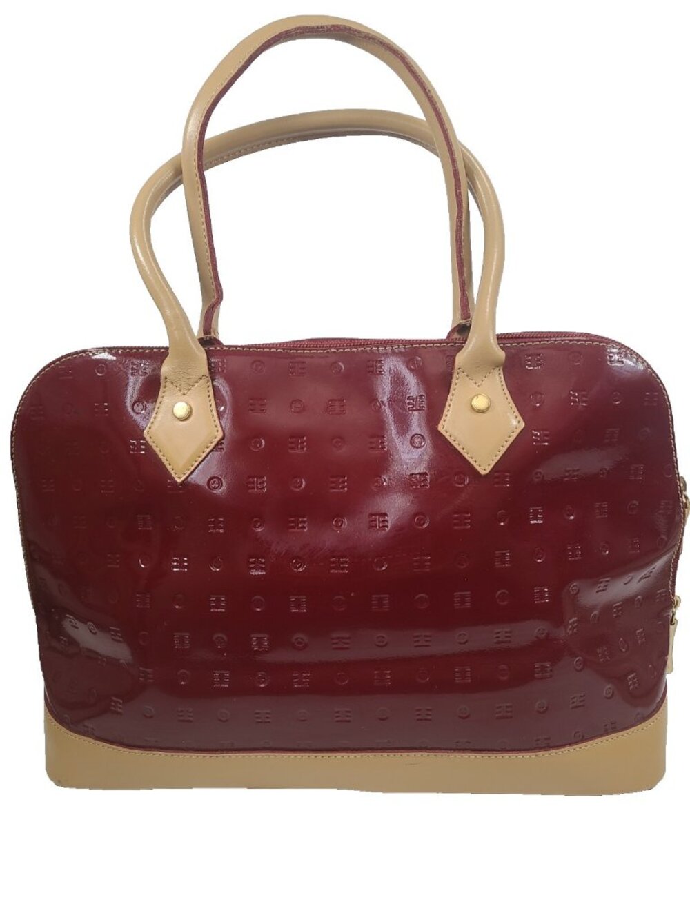 Arcadia Red Patent Satchel Top Handle Bag Gold Hardware Zip Closure Women